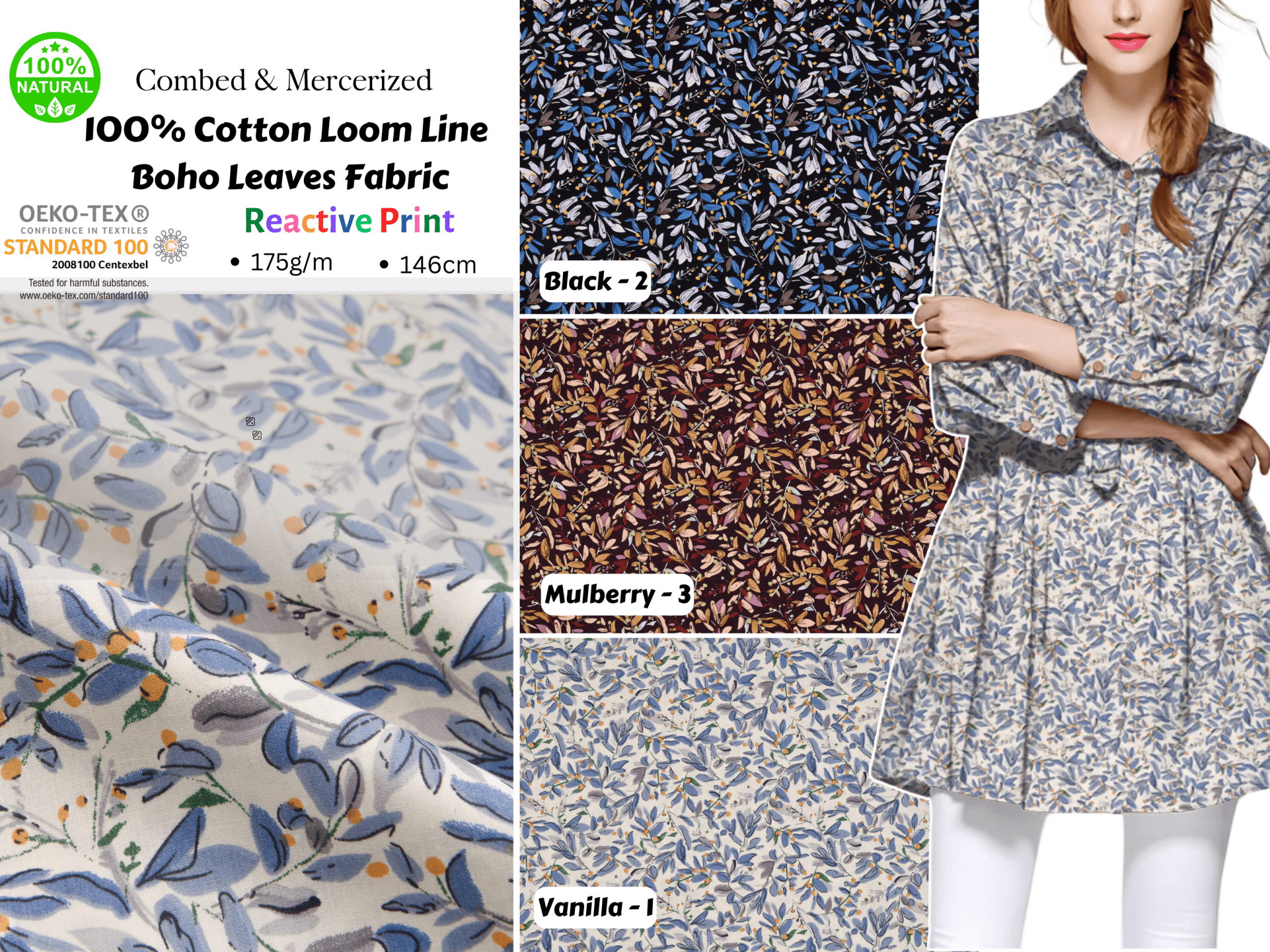 100% Cotton Loom Line Boho Leaves Fabric