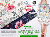 100% Pure Linen Stonewashed Peony Bloom Print Fabric - 20822 - G.k Fashion Fabrics
