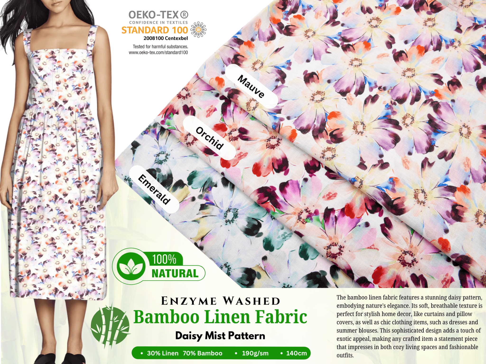 Linen Bamboo Natural Fabric Daisy Mist Pattern -5491 – G.k Fashion Fabrics