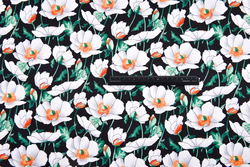 Premium Stretch Silky Satin Digital Print Fabric- White Poppies -#2/1 - G.k Fashion Fabrics
