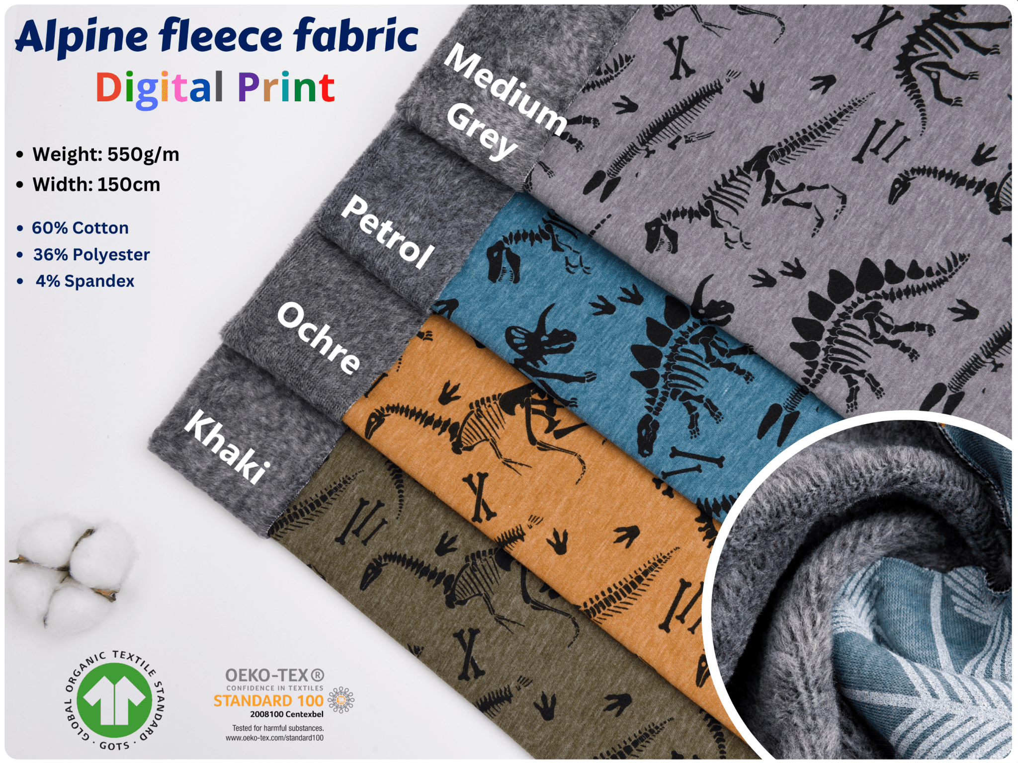 Alpine Fleece Dinosaur Bones Print Fabric Khaki 111769 Price per Half Yard