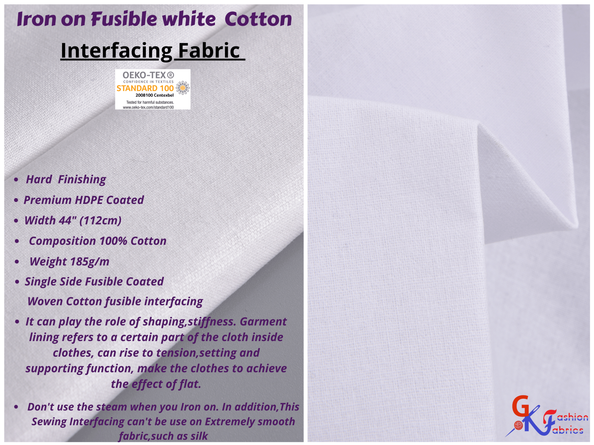 Iron on Fusible Single side White Cotton Interfacing fabric. Hard