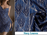 New Original 100% Silk Print Stretch Silk Fabric, 19 Momme Mulberry Silk Fabric.100% CRUELTY-FREE SILK Fashion Apparel width 48 inch - G.k Fashion Fabrics Navy Leaves / Price per Half Yard Silk