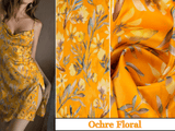 New Original 100% Silk Print Stretch Silk Fabric, 19 Momme Mulberry Silk Fabric.100% CRUELTY-FREE SILK Fashion Apparel width 48 inch - G.k Fashion Fabrics Ochre Floral / Price per Half Yard Silk