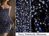 New Original 100% Silk Print Stretch Silk Fabric, 19 Momme Mulberry Silk Fabric.100% CRUELTY-FREE SILK Fashion Apparel width 48 inch - G.k Fashion Fabrics Navy Painterly Blossom / Price per Half Yard Silk