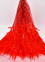 Nylon Mesh Hand Work Feather & Sequins Embroidery Fabric, Bridal Wear - G.k Fashion Fabrics Red / Price per Half Yard bridal