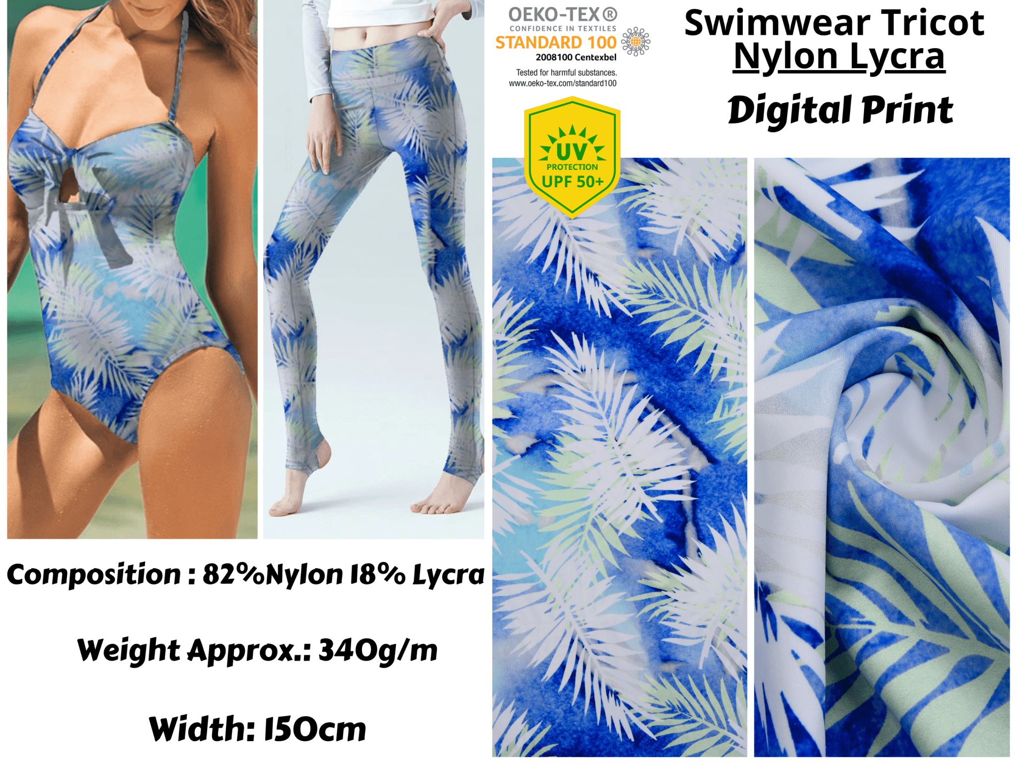 Palm Leaves Print Nylon Swimwear Fabric - WLL240A