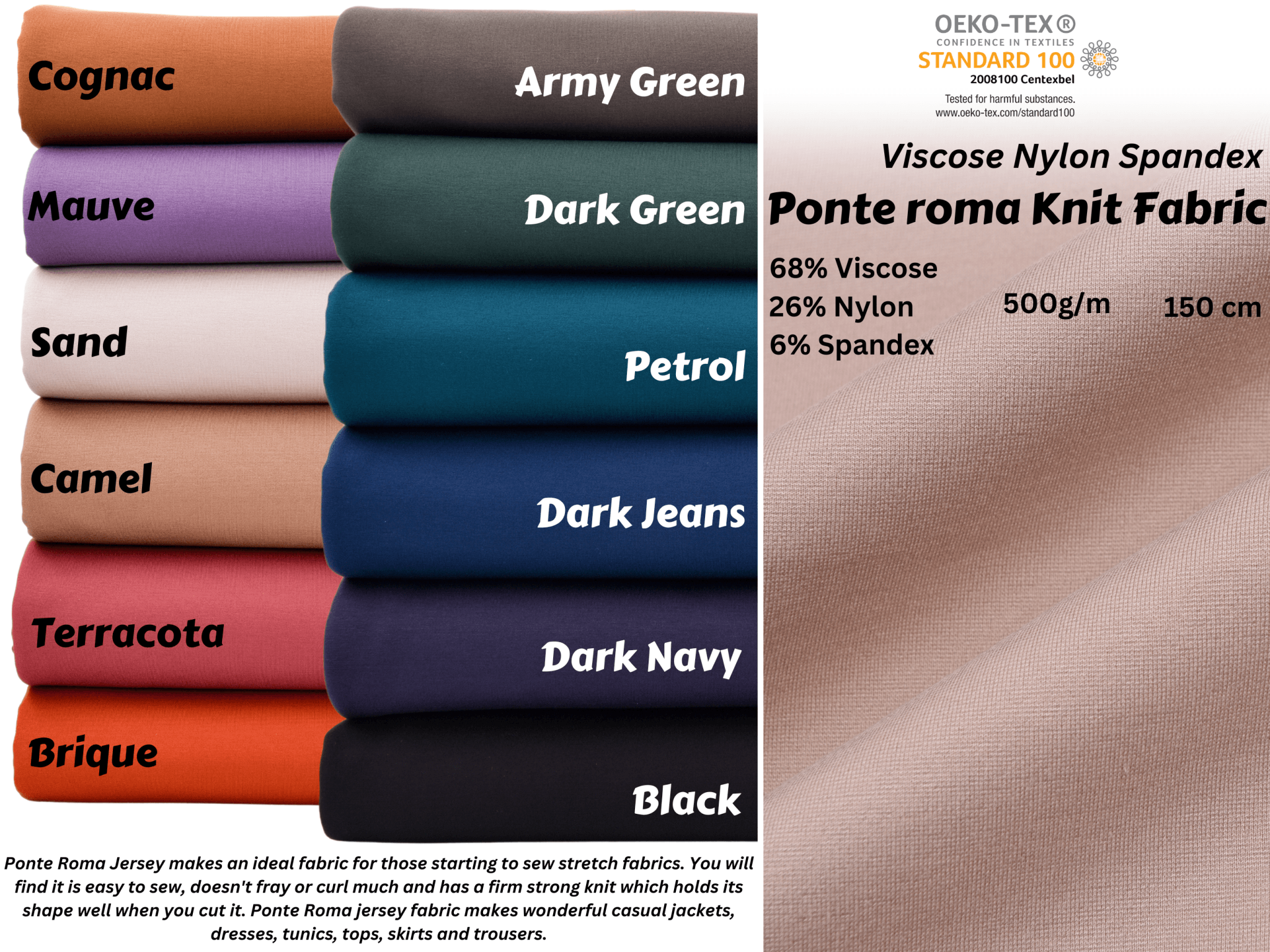  Ponte De Roma Nylon-Rayon Stretch Knit Fabric 60 Wide Many  Colors Rayon Nylon Spandex Soft BTY (Navy)