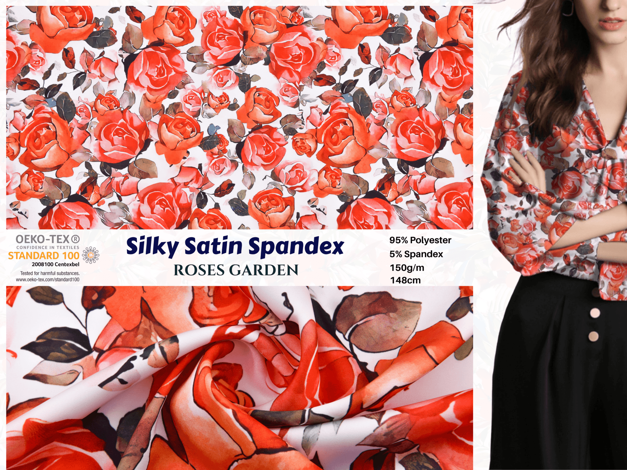 Premium Stretch Silky Satin Digital Print Fabric- Roses Garden -#4/1 Price per Half Yard