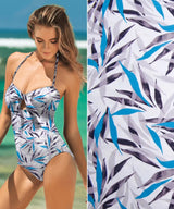 Turquoise Grey Leaves Print Nylon Swimwear Fabric - WJH1253A - G.k Fashion Fabrics swimwear