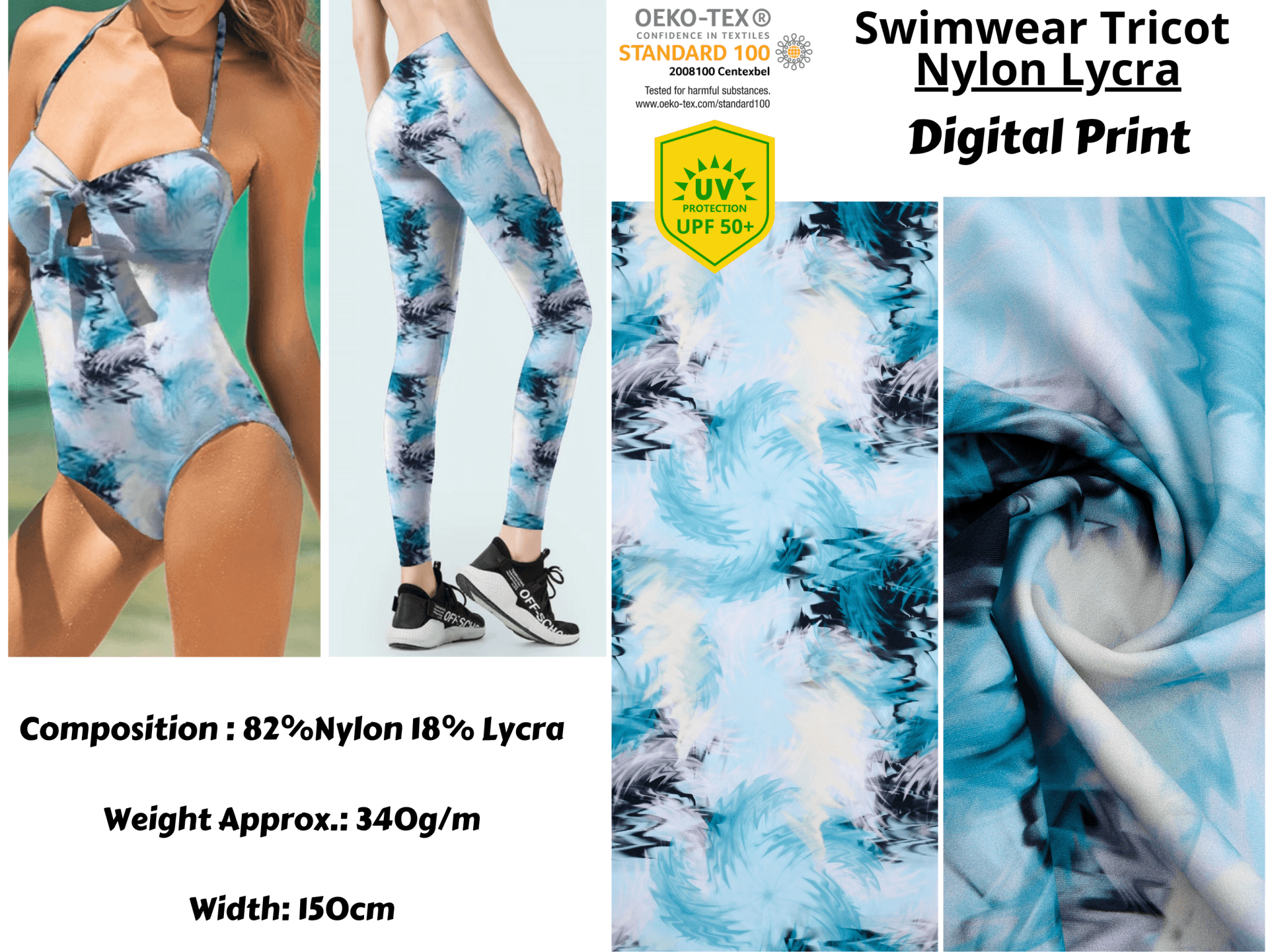 Turquoise Grey Leaves Print Nylon Swimwear Fabric - WJH1253A – G.k