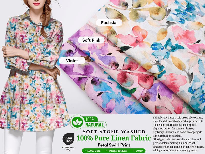 100% Pure Linen Stonewashed Petal Swirl Print Fabric -20818 G.k Fashion Fabrics 100% Pure Linen Stonewashed Petal Swirl Print Fabric -20818 G.k Fashion Fabrics