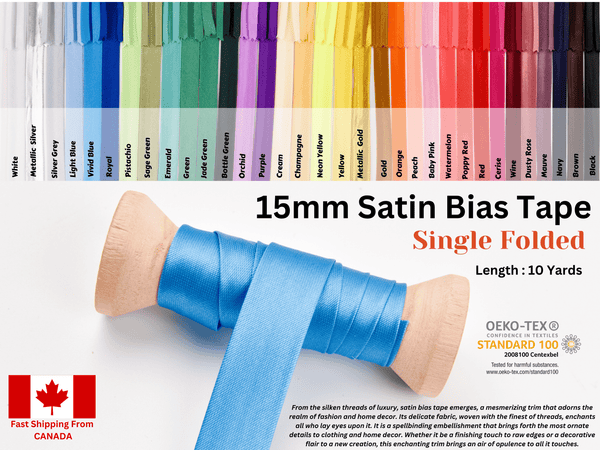 15 mm Satin Bias Tape/ Single Folded / 10 yards pack - G.k Fashion Fabrics