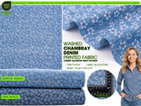 Cherry Blossom  Print -  Washed Cotton Denim Chambray Fabric-20999