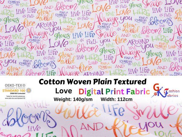 Quilted Cotton Woven Plain Textured Love Digital Print Fabric - D#7