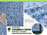 Miniature Roses Print -  Washed Cotton Denim Chambray Fabric-20997