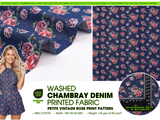 Petite Vintage Rose  Print -  Washed Cotton Denim Chambray Fabric-20993