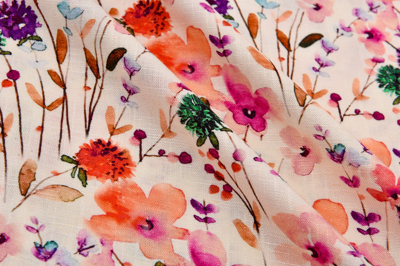 Tissu naturel en lin et bambou, motif prairie printanière - 5490