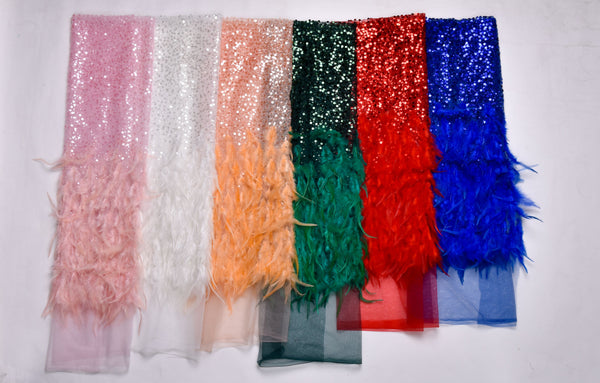 Nylon Mesh Hand Work Feather & Sequins Embroidery Fabric, Bridal Wear