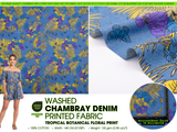 Tropical Botanical Floral  Print -  Washed Cotton Denim Chambray Fabric-20993
