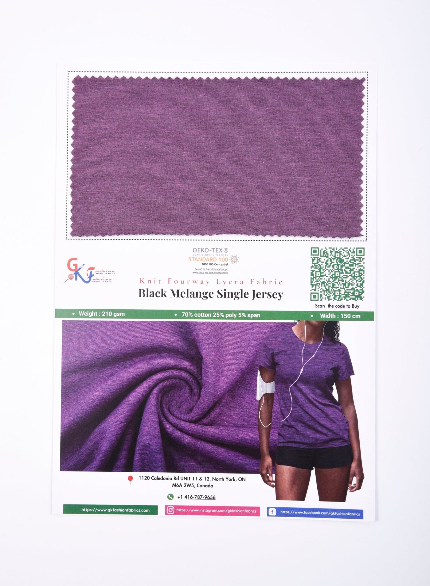 4-Way Stretch Soft Cotton Blended Jersey knit ,Black Melange Knit