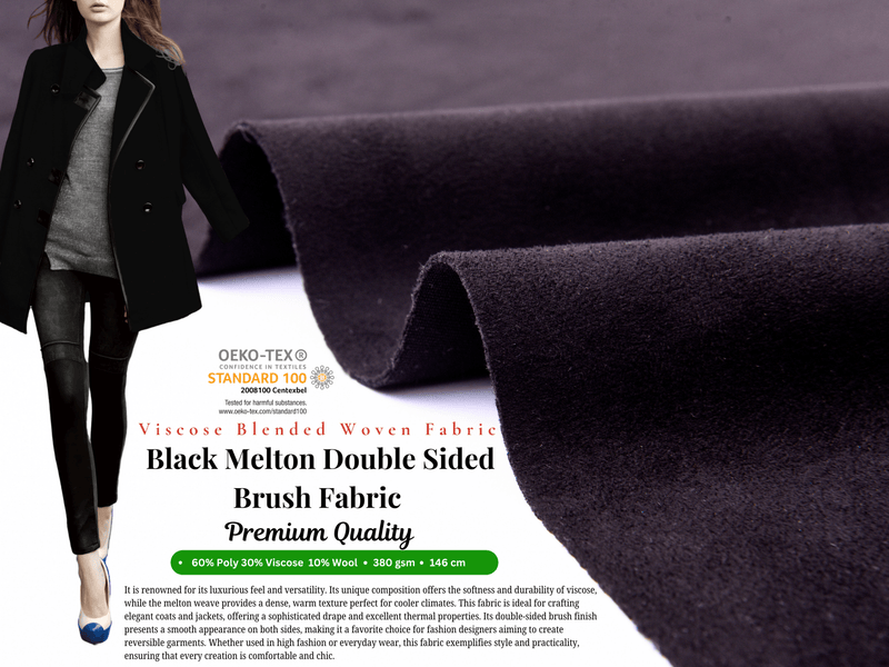 Black Melton Double Sided Brush Fabric, Black woolen Fabric, Wool Blended Material, Coat making Fabric, Fall Winter Textiles - G.k Fashion Fabrics