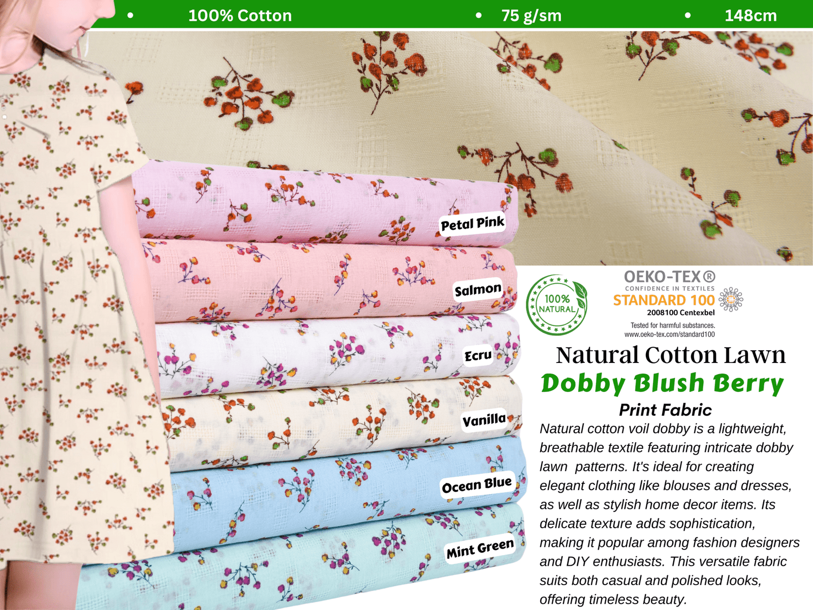 Cotton Lawn Dobby Blush Berry Print Fabric Ocean Blue / Price per Half Yard