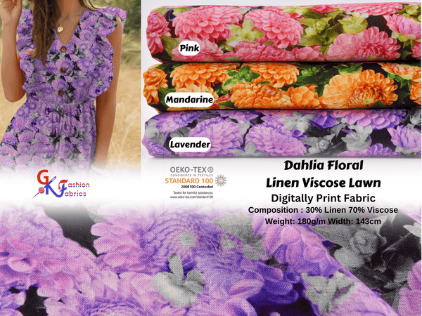 Dahlia Floral Linen Viscose Lawn Digitally Print Fabric - 208716 - G.k Fashion Fabrics