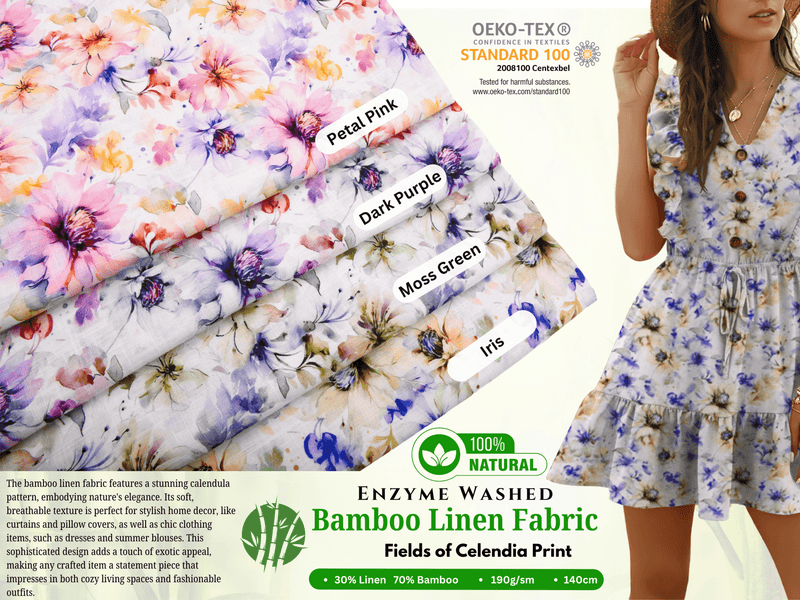 Linen Bamboo Natural Fabric Fields of Celendia Pattern - 5484 - G.k Fashion Fabrics