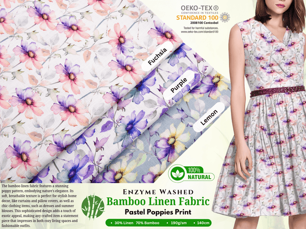 Linen Bamboo Natural Fabric Pastel Poppies Pattern - 5488 - G.k Fashion Fabrics