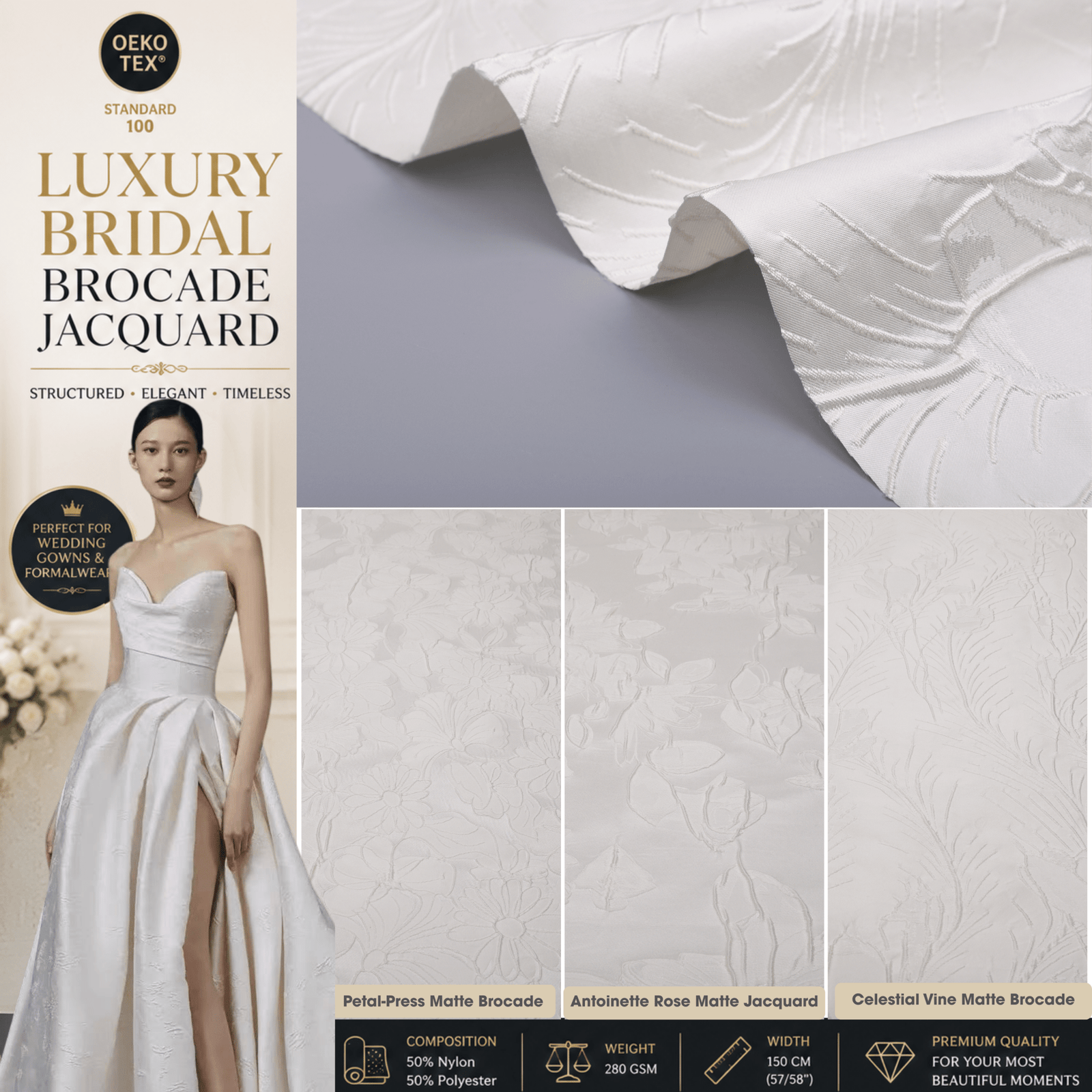 luxury a fabric for dress Bridal Brocade Jacquard – Structured Matte Wedding & Couture Fabric inv-166 Natori Shangri La Knit and luxurious Ideal For Color:Black/Rosegold