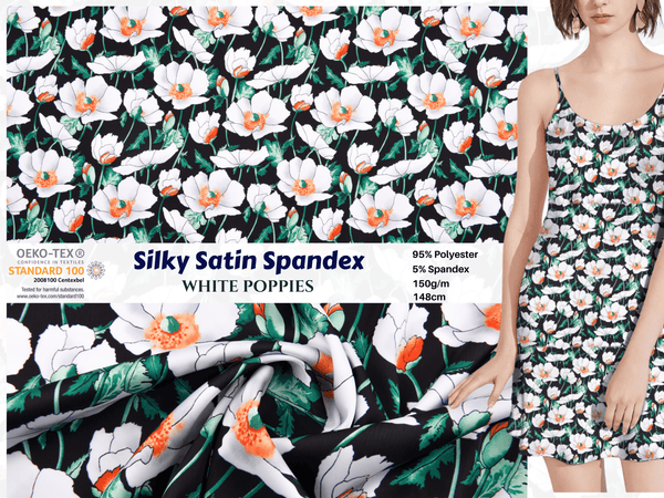 Premium Stretch Silky Satin Digital Print Fabric- White Poppies -#2/1 - G.k Fashion Fabrics