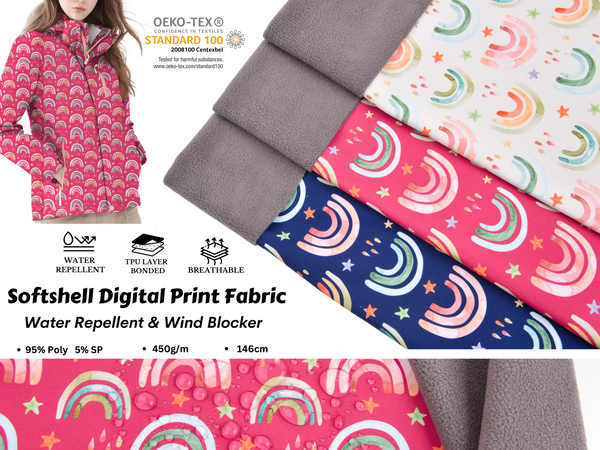 Softshell Digital Scattered Rainbow Print Fabric