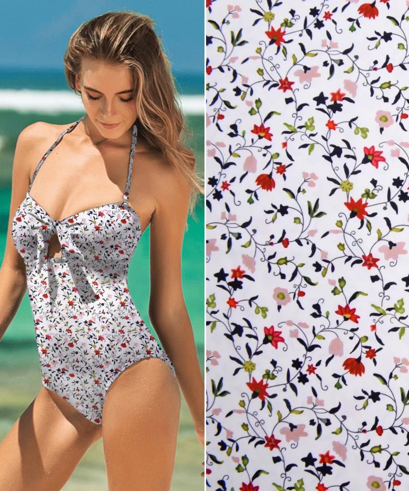 Tissu Pour Maillot De Bain - Nylon/élasthanne Noir, Imprimé Floral, Vendu Au Mètre