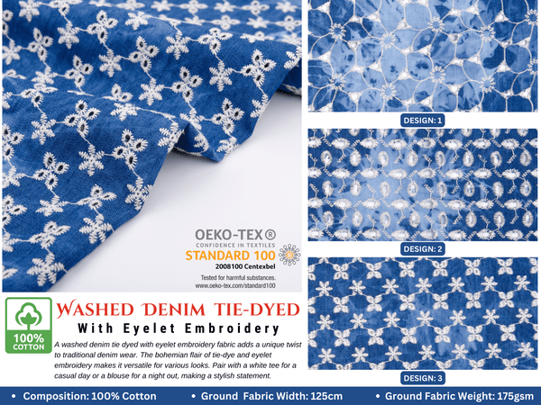 Washed Denim tie-dyed With Eyelet Embroidery Fabric - G.k Fashion Fabrics
