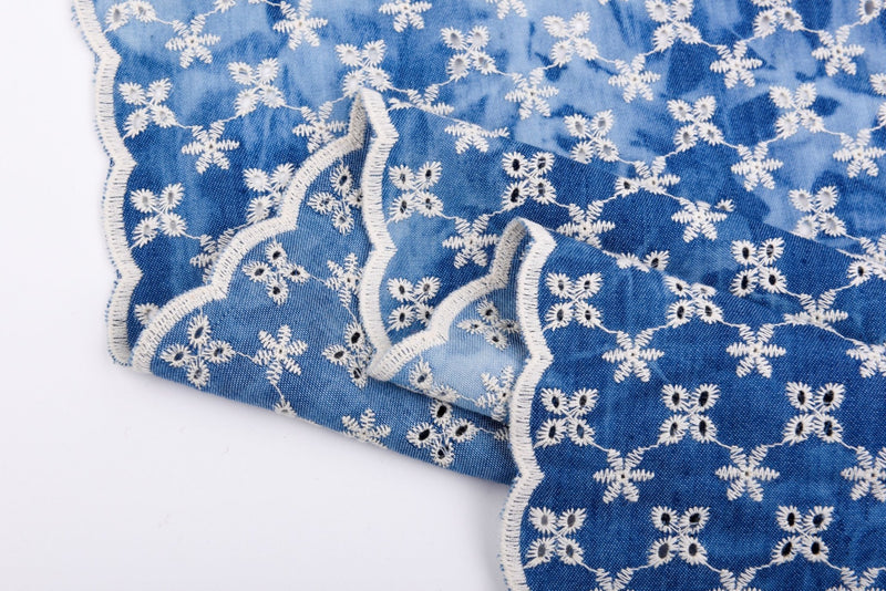 Washed Denim tie-dyed With Eyelet Embroidery Fabric - G.k Fashion Fabrics