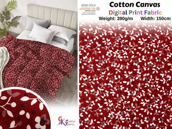 100% Cotton Half Panama Printed Fabric / Canvas printed Fabric / Red Botanical Digital Print Fabric - G.k Fashion Fabrics