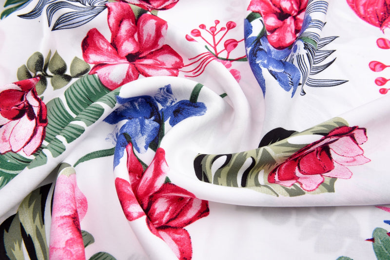 100% Viscose Poplin -Stylish spring flower, tropical leaves Print Fabric - 61032 - G.k Fashion Fabrics viscose