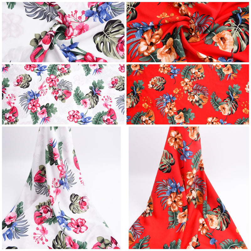 100% Viscose Poplin -Stylish spring flower, tropical leaves Print Fabric - 61032 - G.k Fashion Fabrics viscose