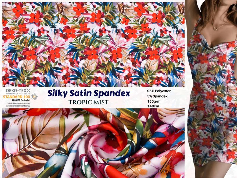 Premium Stretch Silky Satin Digital Print Fabric- Tropic Mist -#13/1