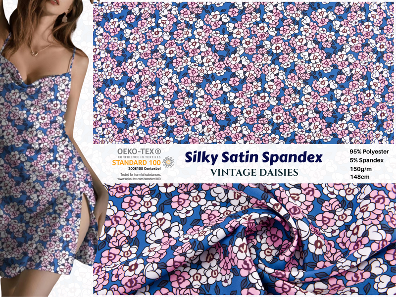 Premium Stretch Silky Satin Digital Print Fabric- Vintage Daisies-#9/1
