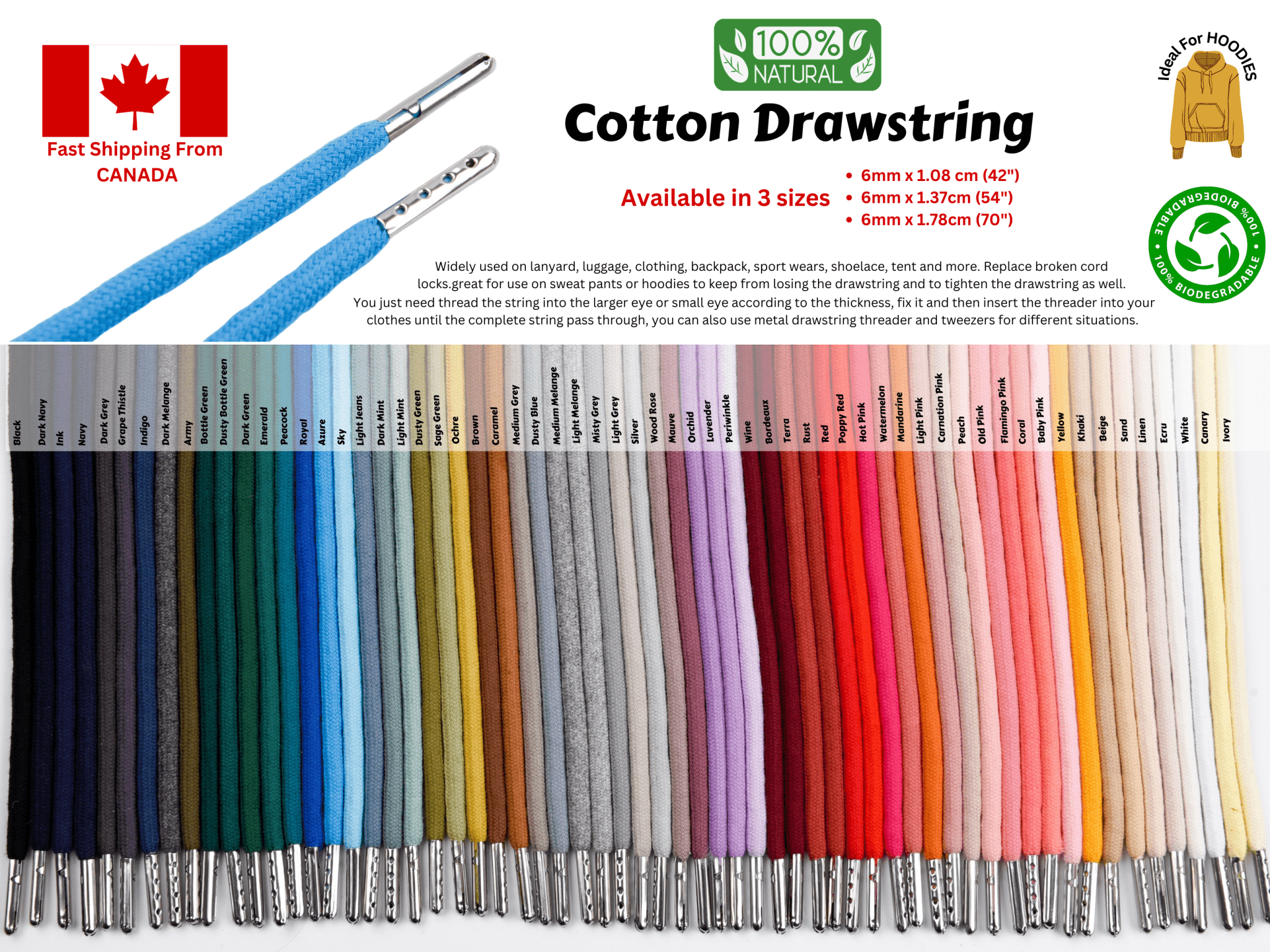 6mm 100% Cotton Drawstring With light weight Metal -178 cm – G.k ...