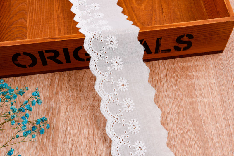 Cotton Lace trim( 2 Yards Pack ) , lace-bordered cotton batiste/voile, Broderie Anglaise Embroidery scalloped flower - Gkstitches