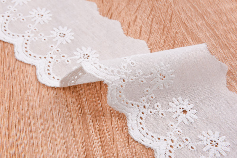 Cotton Lace trim( 2 Yards Pack ) , lace-bordered cotton batiste/voile, Broderie Anglaise Embroidery scalloped flower - Gkstitches
