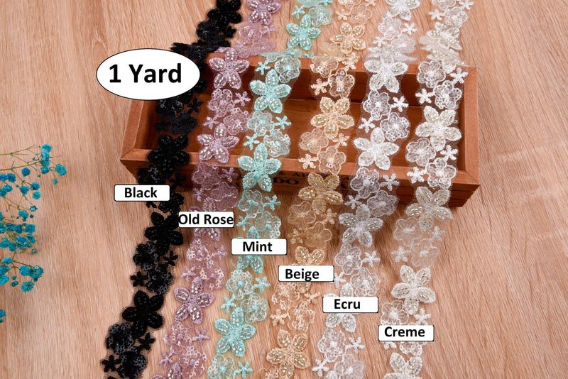 Mesh Floral Border Crochet Lace Border Trim with Handwork Beads and Se –  Gkstitches
