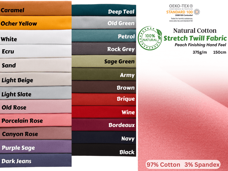 All Colors Pack Swatches - G.k Fashion Fabrics Natural Cotton Stretch Twill Fabric Peach Finishing Hand Feel- 5076 / 10x10 cm/ All Colors Swatches Pack