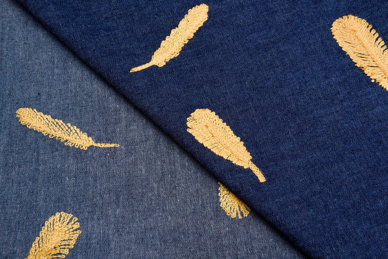 Chambray Denim Fabric with Feather Embroidery CEAE055 - G.k Fashion Fabrics denim
