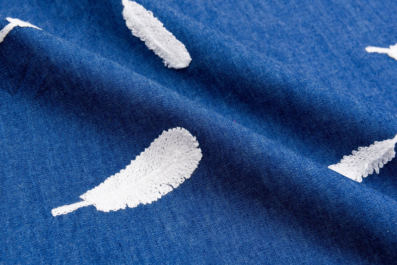 Chambray Denim Fabric with Feather Embroidery CEAE055 - G.k Fashion Fabrics denim
