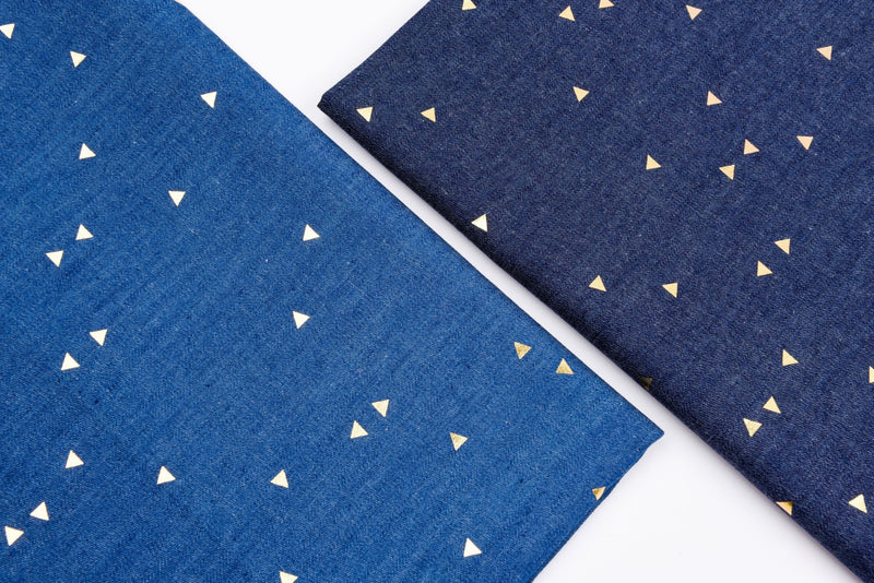 Chambray Denim Gold Mini Triangle Foiled Fabric TM5016 - G.k Fashion Fabrics denim