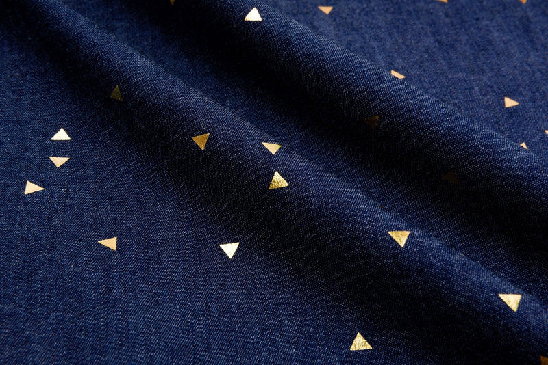 Chambray Denim Gold Mini Triangle Foiled Fabric TM5016 - G.k Fashion Fabrics denim